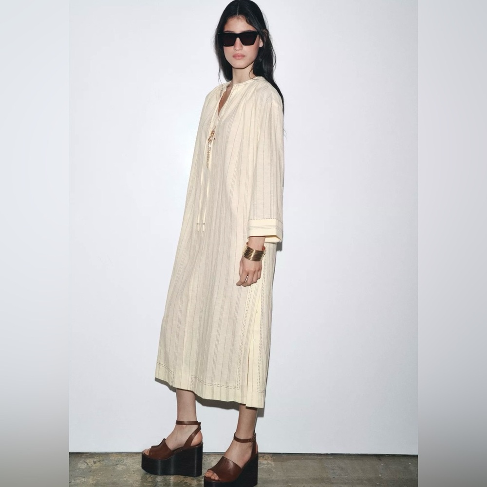 ZARA STRIPED LINEN TUNIC DRESS SIZE L - Picture 2 of 7